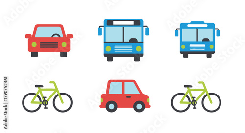 A collection of cars, buses, and bicycles are depicted against a white background.