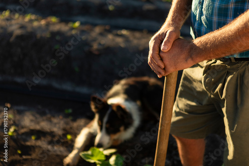 Fotografía Farmer taking a break, strong hands on a tool, loyal working dog patiently resti