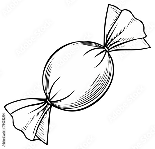 Monochrome illustration of a wrapped sweet candy with visible linear shading suggesting a tasty treat or confection