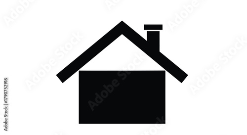 A simple black silhouette of a house with a chimney stands against a white background.