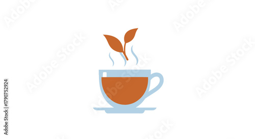 A steaming cup of tea with two leaves on top.