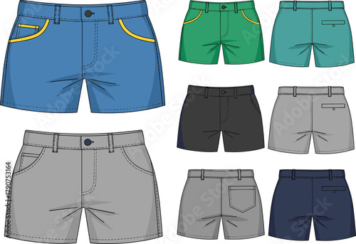 Men’s shorts illustration grid, pocket design variation, stitching detail, color combinations, fashion mockup, casual wear, apparel vector, garment sketch, summer style