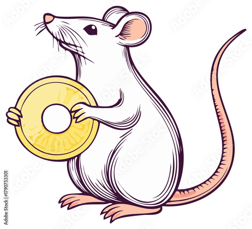 Illustration of a cartoon mouse holding a gold coin for wealth and prosperity in the lunar new year year of the rat