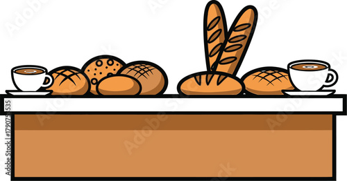 A variety of baked bread products and cups of coffee are displayed on a counter.