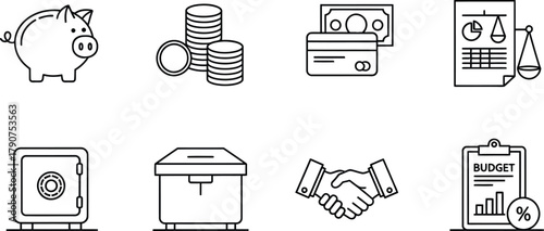 Financial planning and banking line icon set. Vector pictograms of piggy bank, coin stack, credit card, balance sheet, safe box, hand shake, budget, thin linear illustration.