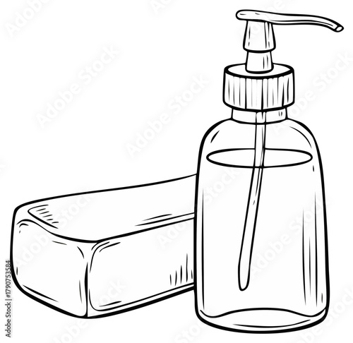 Hand Drawn Illustration of Bar Soap and Soap Dispenser Bottle
