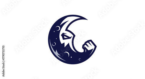 Stylized crescent moon icon with muscular arm in dark blue color