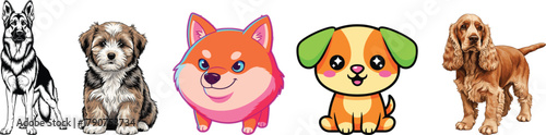 Diverse Dog Breed Vector Art: German Shepherd, Shiba Inu, Puppy, and Cocker Spaniel Illustrations Clipart Set