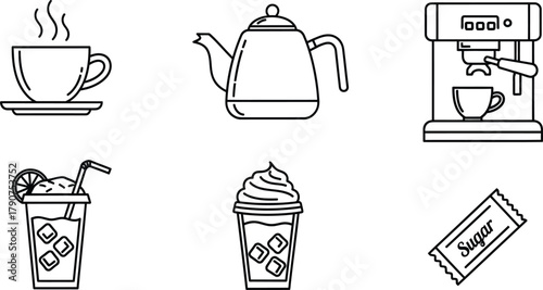 Coffee shop and beverage line icon set. Vector pictograms of coffee cup, tea pot, espresso machine, iced drink, frappe, sugar packet, thin linear illustration.
