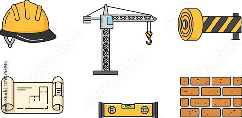 Building and construction line icon set. Vector pictograms of hard hat, crane, blueprint, barrier tape, brick wall, measuring level, thin linear illustration.