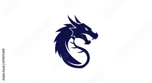 Stylized dark blue dragon illustration against white background for designs