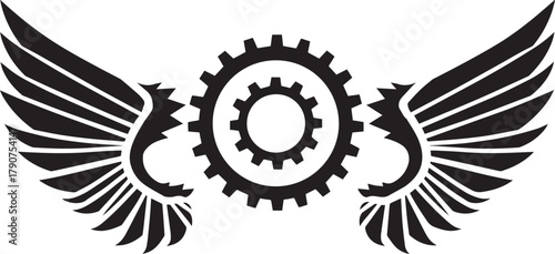 Mechanical Ingenuity Symbolized: An industrial emblem features intricate gears at the core, flanked by majestic wings, embodying the essence of technical innovation and design. 