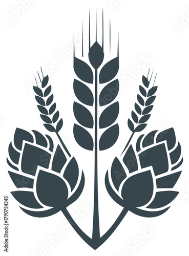 Craft beer brewing icon with symmetrical hop cones and barley stalks vector graphic emblem