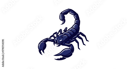 Stylized dark blue scorpion illustration on white background