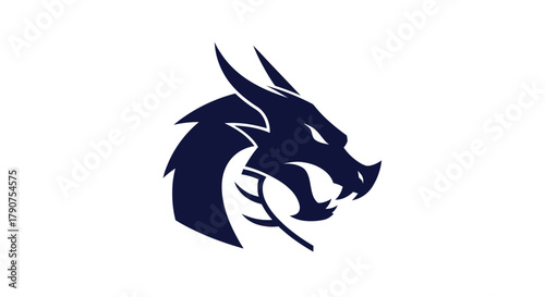 Stylized dark dragon head silhouette on white background graphic