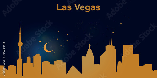 Minimalist vector illustration of Las Vegas skyline at night against a deep dark blue sky. At the top is a thin golden crescent moon with a soft glow, surrounded by several small stars.