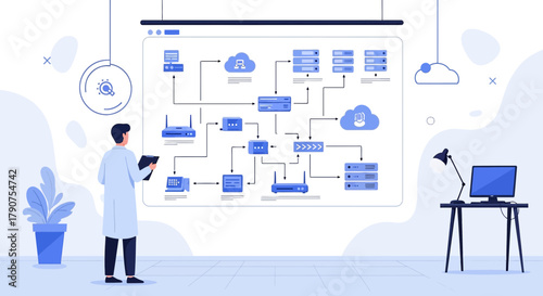 Network infrastructure analysis and design by a professional examining server connections