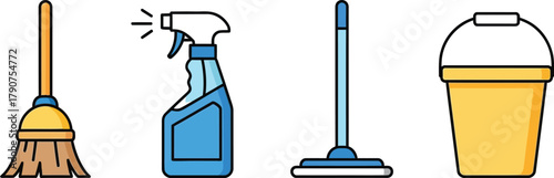 A broom, spray bottle, mop, and bucket are depicted for cleaning supplies.
