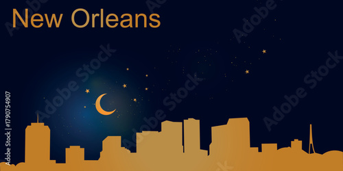 A minimalist vector illustration of the nighttime silhouette of New Orleans against a deep dark blue sky. At the top is a thin golden crescent moon with a soft glow, surrounded by several small stars.