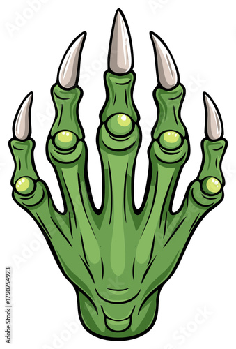 Spooky green monster hand illustration with sharp long claws and glowing knuckles Halloween concept