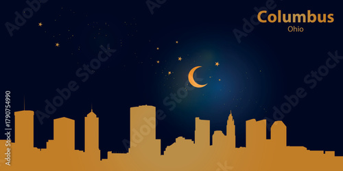Minimalist vector illustration of Columbus' nighttime silhouette against a deep dark blue sky. At the top is a thin golden crescent moon with a soft glow, surrounded by several small stars.