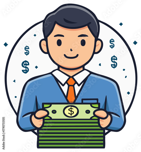 Cartoon Business Man Holding Stack of Money in Hands, Business Concept, Vector Character