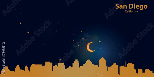 Minimalist vector illustration of San Diego's nighttime skyline against a deep dark blue sky. At the top is a thin golden crescent moon with a soft glow, surrounded by several small stars.
