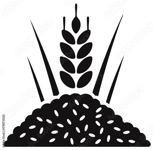 Stylized wheat ear over a pile of cereal grains, a black and white agriculture icon