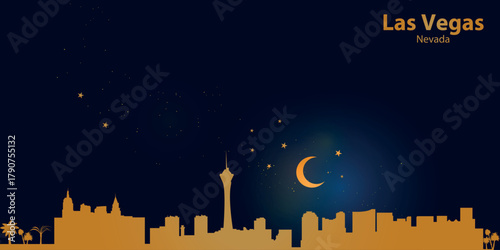 Minimalist vector illustration of Las Vegas skyline at night against a deep dark blue sky. At the top is a thin golden crescent moon with a soft glow, surrounded by several small stars.