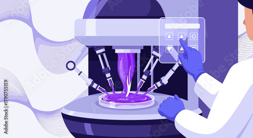Precision bioprinting technology and research in the lab, medical science, biotechnology, health