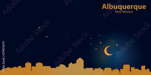 A minimalist vector illustration of Albuquerque's nighttime skyline against a deep dark blue sky. At the top is a thin golden crescent moon with a soft glow, surrounded by several small stars.