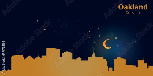 A minimalist vector illustration of Auckland's nighttime skyline against a deep dark blue sky. At the top is a thin golden crescent moon with a soft glow, surrounded by several small stars.
