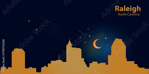 Minimalist vector illustration of a nighttime silhouette of Raleigh against a deep dark blue sky. At the top is a thin golden crescent moon with a soft glow, surrounded by several small stars.