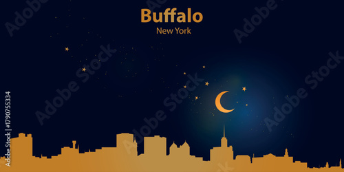 Minimalist vector illustration of Buffalo's nighttime silhouette against a deep dark blue sky. At the top is a thin golden crescent moon with a soft glow, surrounded by several small stars.