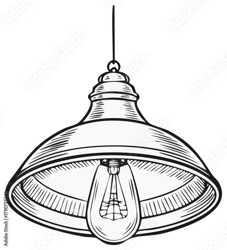 Vintage Hanging Light Fixture Bulb Detailed Line Art Illustration