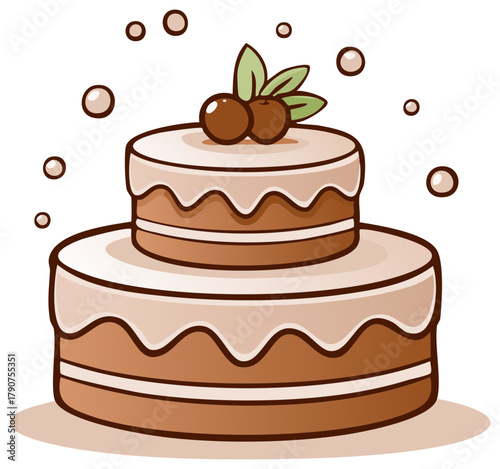 Cute cartoon two tier celebration cake with dripping frosting and cherries on top vector illustration