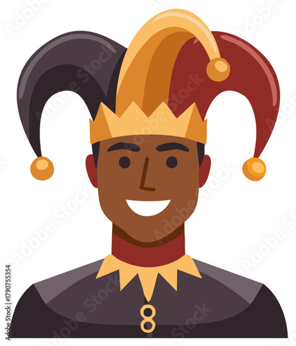Smiling Man Wearing Jester Hat and Crown, Portrait of Royal Court Jester