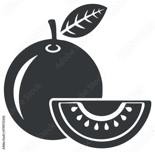 Simple black silhouette icon of a whole orange fruit with a leaf and a cut wedge