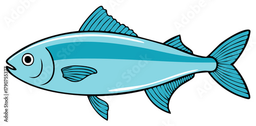 Illustration of a stylized blue fish with fins and tail swimming in the ocean waters