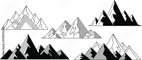 A collection of stylized mountain ranges with varying levels of detail and shading.