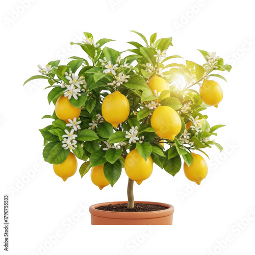 A small lemon tree in a pot with lemons and flowers, perfect for adding a touch of nature to your home or garden