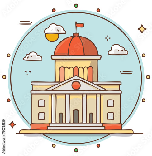 Cute cartoon illustration of a government building with a red dome and pillars. State capitol or courthouse icon.