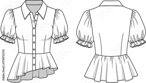 Women’s blouse technical illustration, puff sleeve design, asymmetrical peplum hem, button-down front, princess seams, fashion sketch, garment construction, apparel vector, mockup