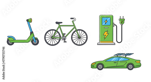 Electric scooter, bicycle, charging station, and solar-powered car showcase sustainable transport options.