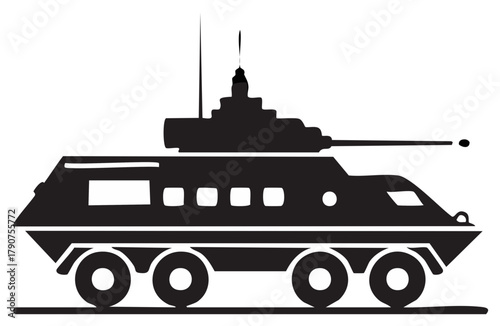 Black silhouette of an armored personnel carrier vehicle with a turret and gun