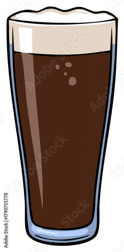 Tall glass filled with dark liquid and frothy white head  refreshing beverage