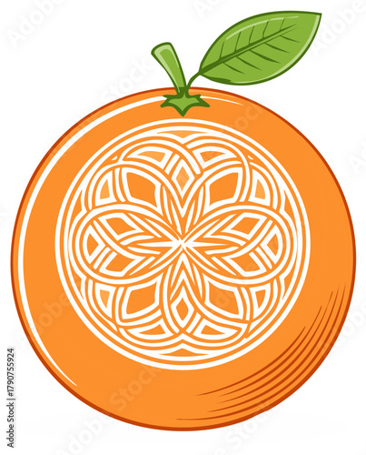 Stylized orange fruit with intricate geometric pattern and green leaf healthy citrus illustration
