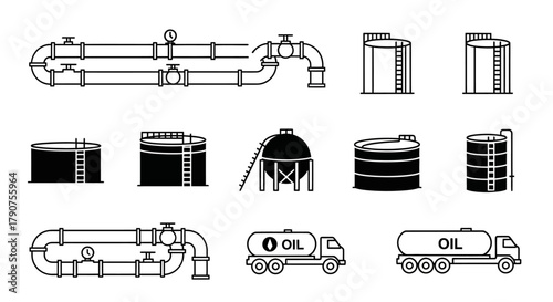 Oil industry infrastructure: pipelines, storage tanks, and tanker trucks in vector format.