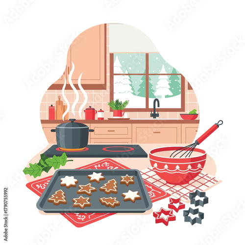 Christmas baking scene with cookies on a baking sheet and ingredients on a kitchen counter with a snowy window view.