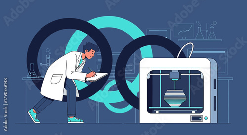 Scientist analyzing 3D printing process, observing object creation in the laboratory
